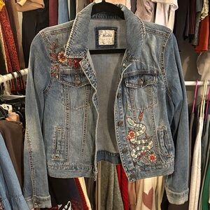 Mudd Light Blue Embroidered Denim Jacket with Floral & Snake Motif